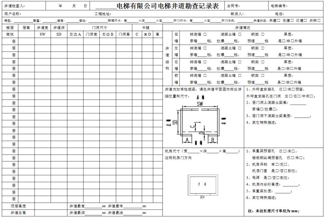 电梯井道勘探记录表（附下载）