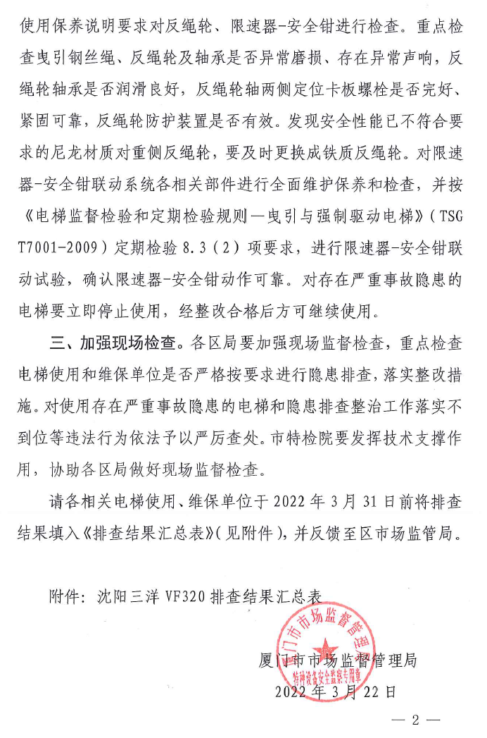 关于立即开展沈阳三洋VF320电梯安全隐患排查治理工作的通知！