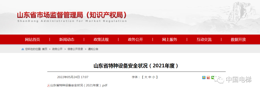山东通报2021年全省特种设备安全状况：全省拥有电梯599430台，2021年发生电梯事故0起…
