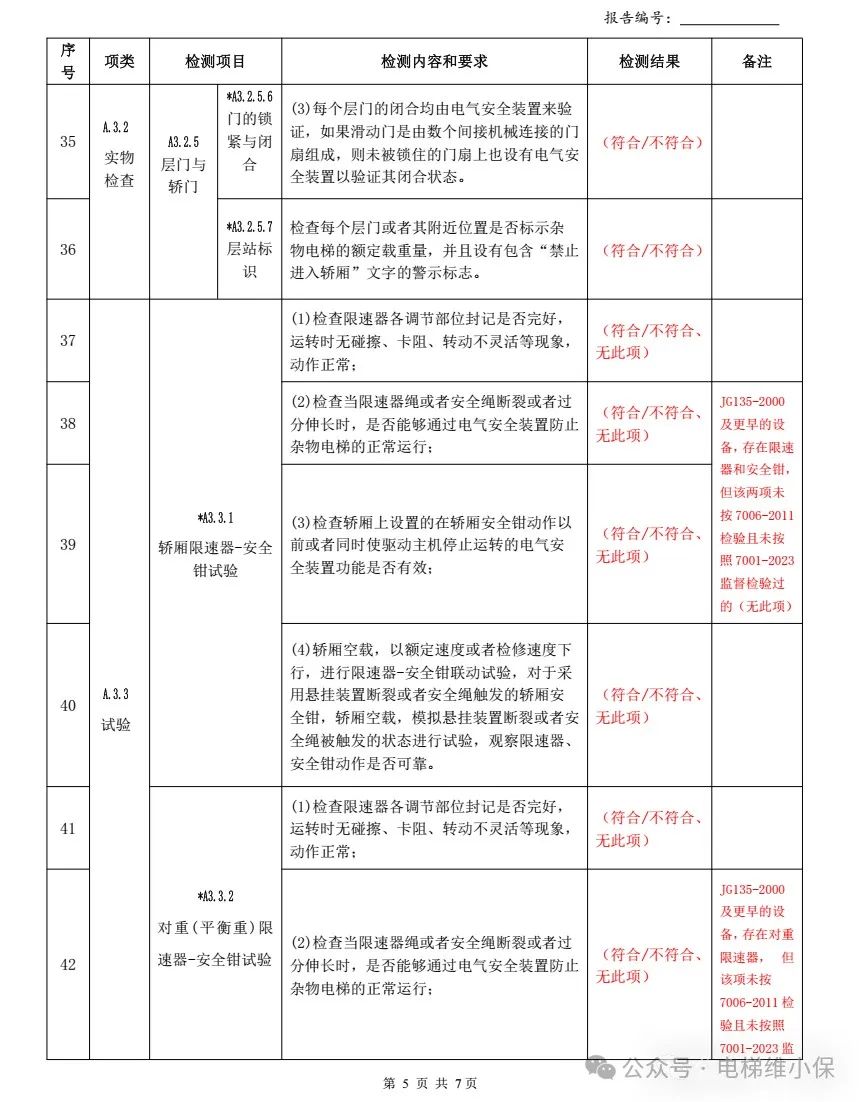 7008杂物电梯自检填写示例